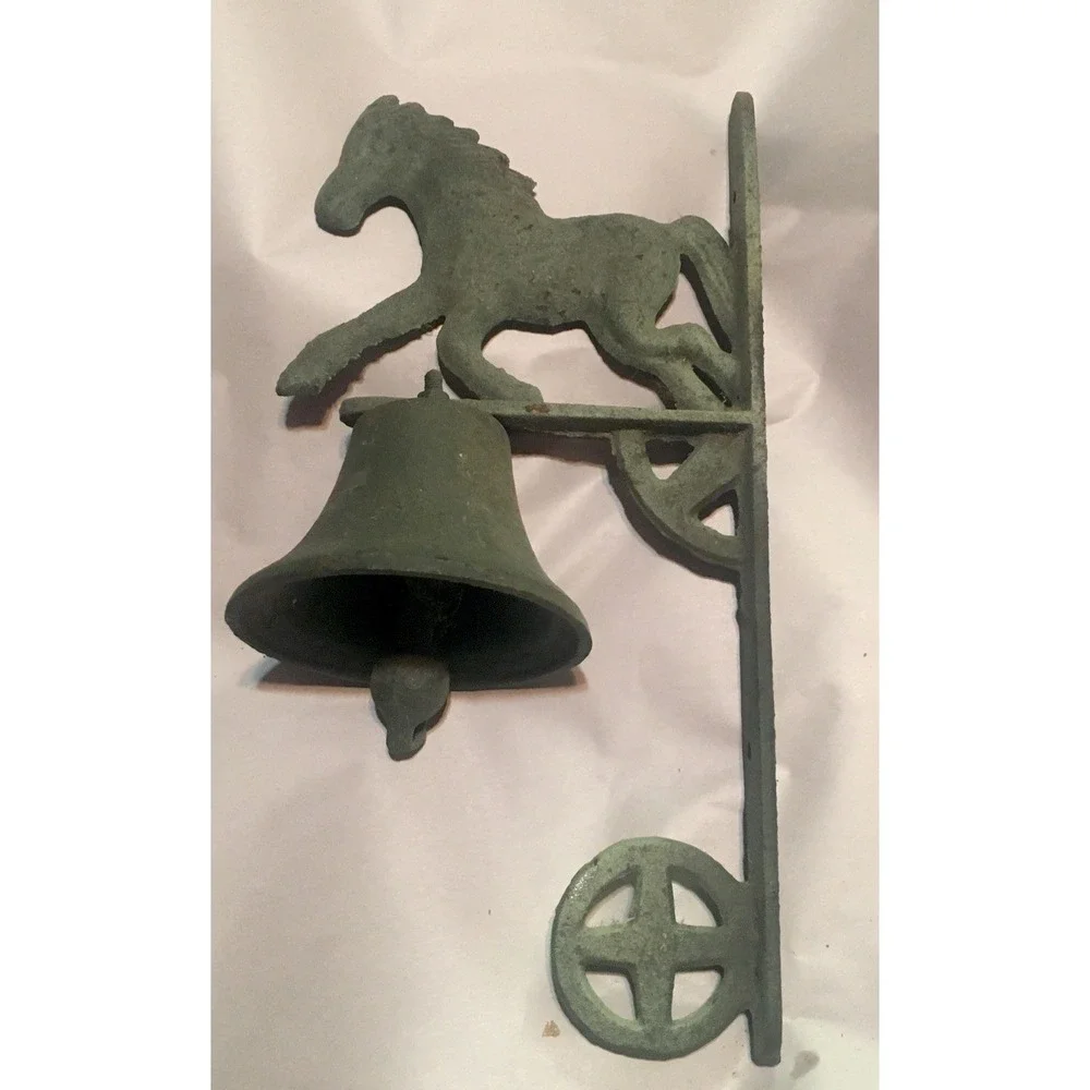 VINTAGE CAST IRON DOOR BELL WITH HORSE WALL MOUNT METAL Patina Needs String